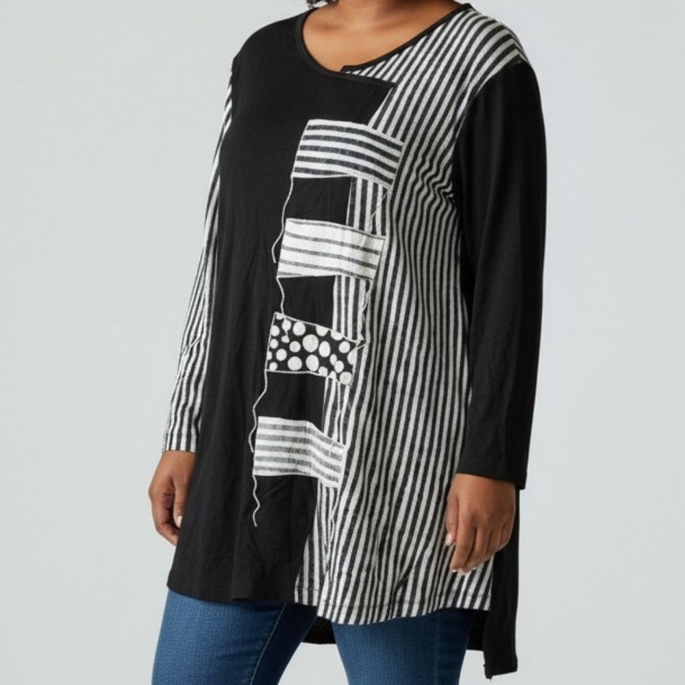 NEW! 2X Parsley & Sage Black and White Striped Patchwork Tunic 4140